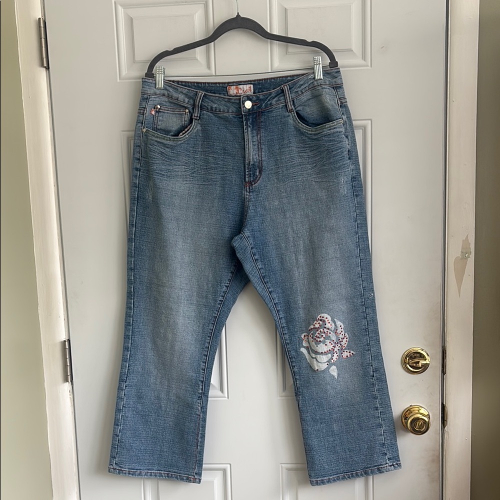 ❤️2/$15 or 3/$21❤️Vintage Crest Blue Denim Jeans w/Floral Embroidery, Size 15/16